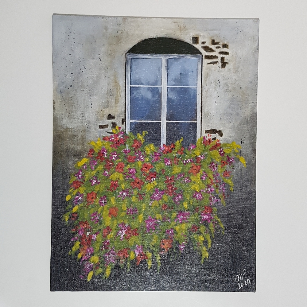 Window Box with Flowers Painting 16x12